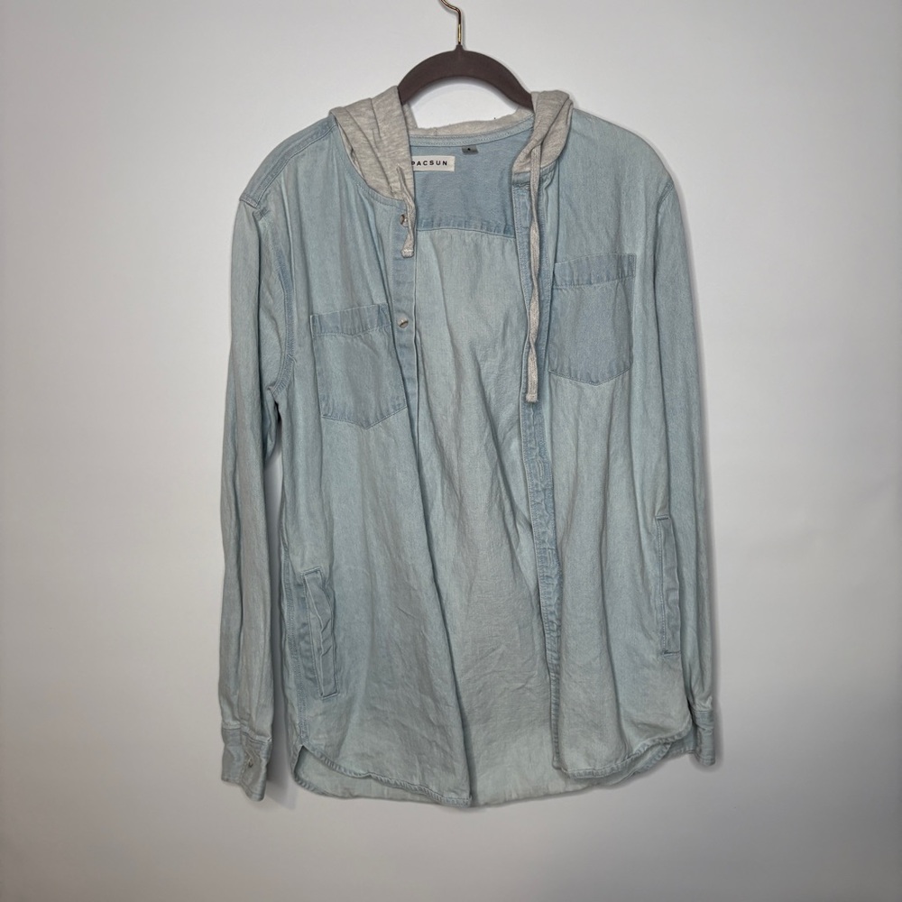 Pacsun Light Wash Denim Hooded Button Front Shirt Size Small Blue and Grey